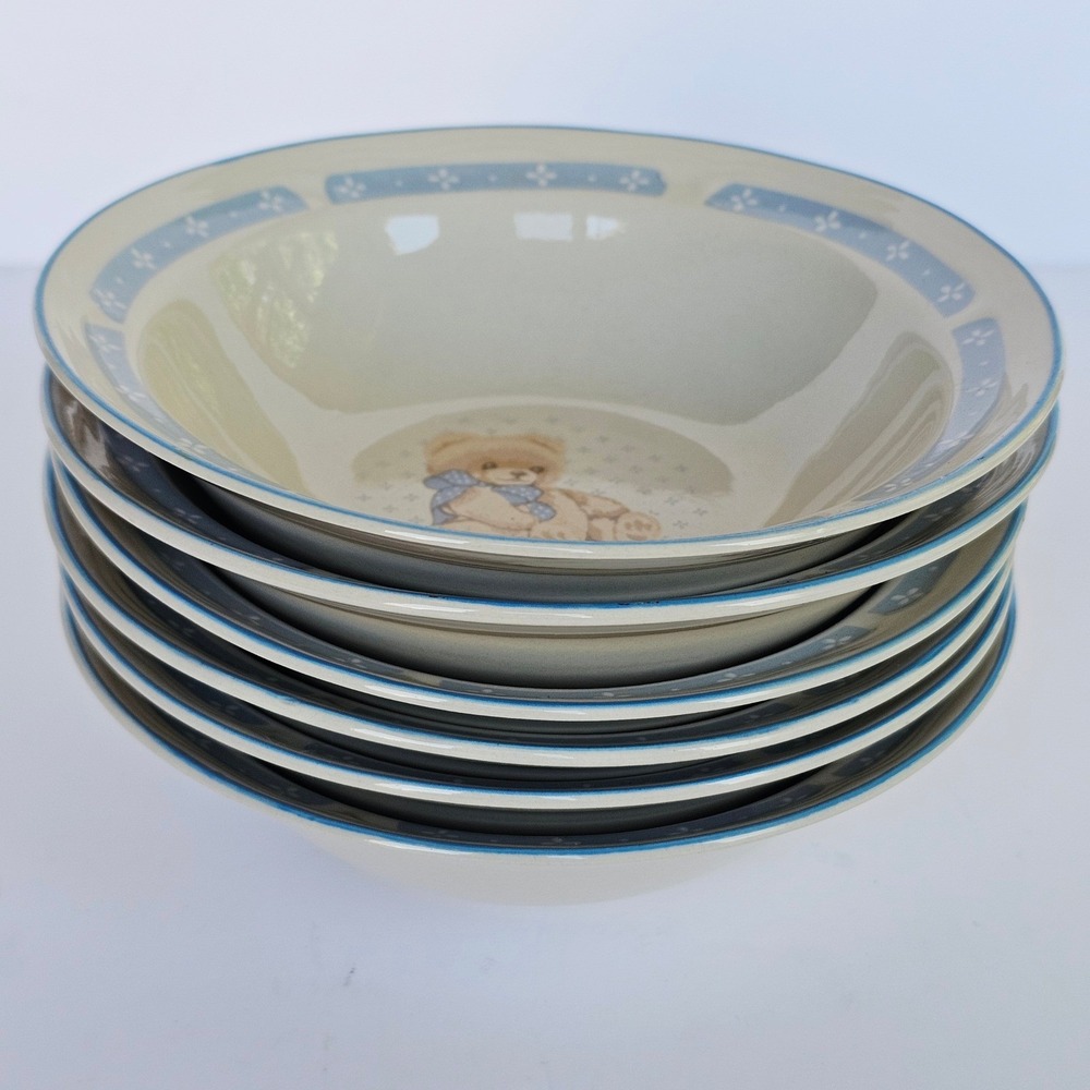 Vintage Tienshan Stoneware Teddy Bear Cereal Bowls Set of 6 Blue Nursery Kitsch - Picture 15 of 15
